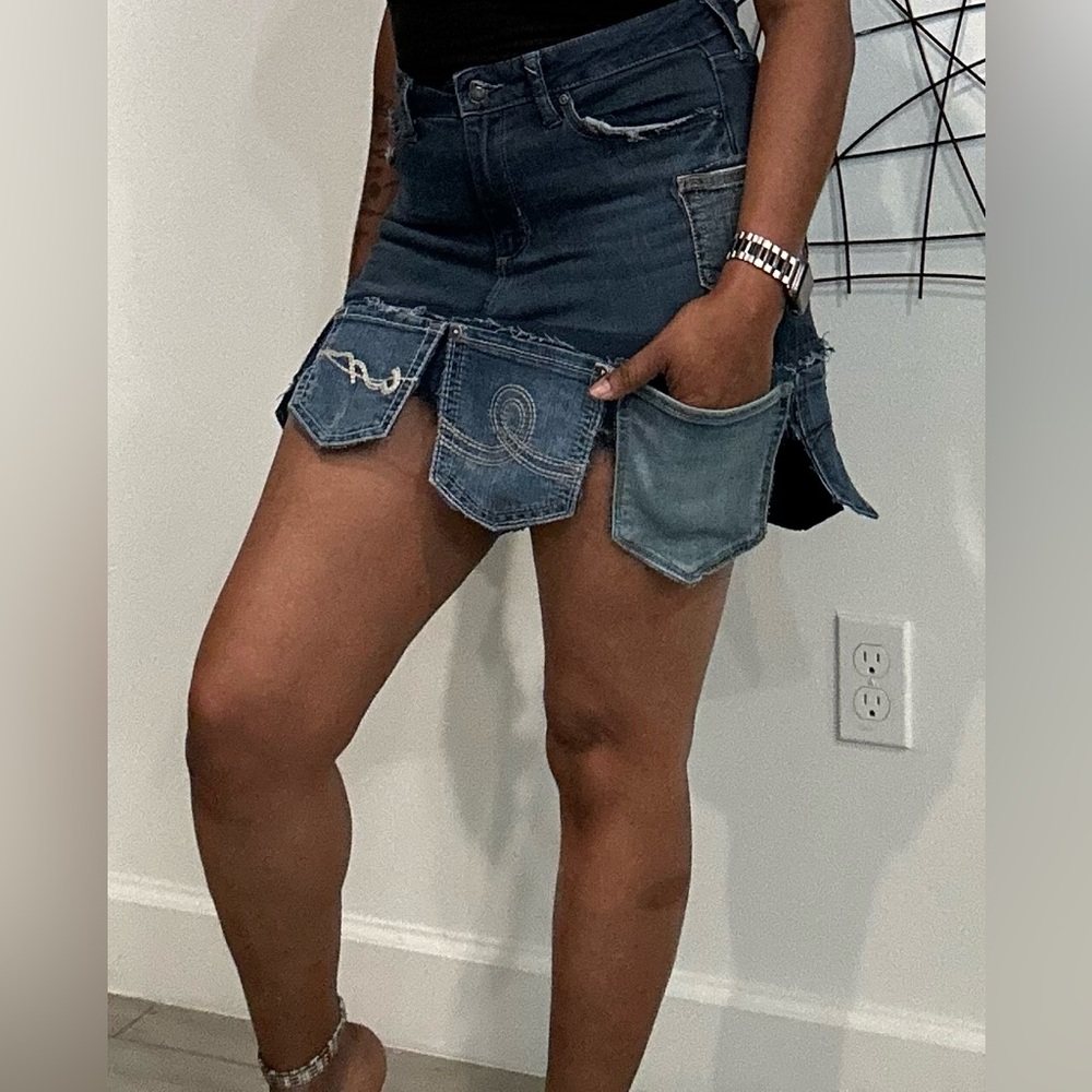 Custom Stylish Denim Skirt with Pocket Details belt sold separately